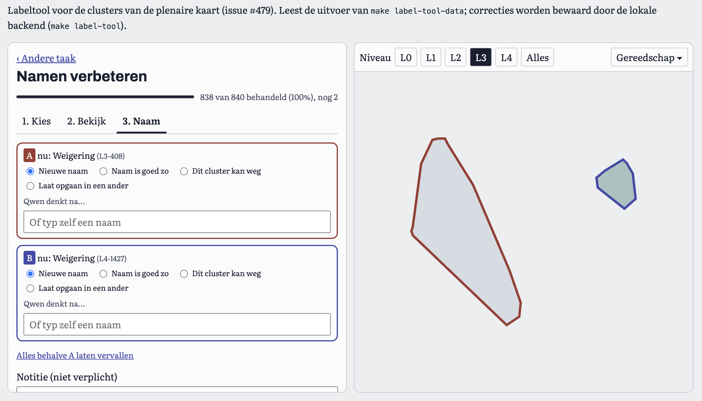 De labeltool: links de taak Namen verbeteren met twee clusters en keuzes (nieuwe naam, naam is goed zo, cluster kan weg, laat opgaan in een ander), rechts de omtrekken van die twee clusters op de kaart.